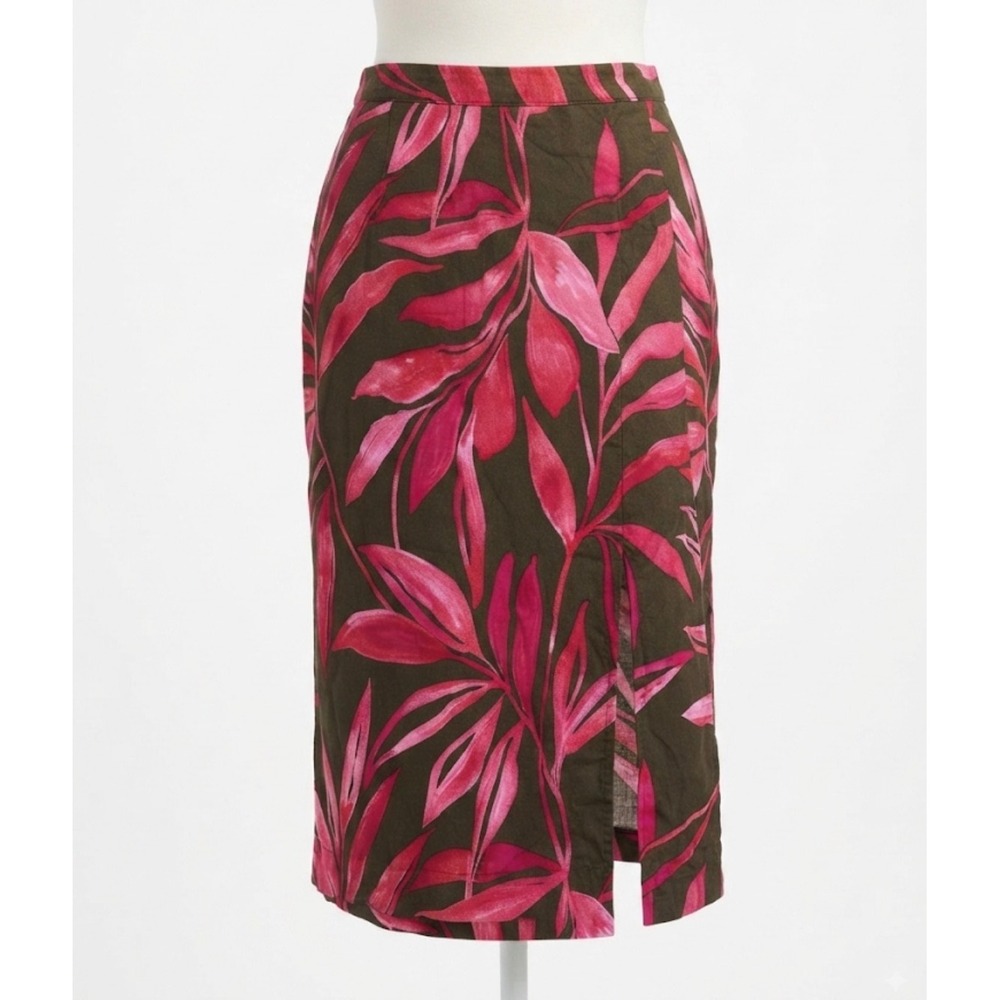 Time and Tru Green Pink Leaf Midi Skirt XXL 20 Rayon Linen Slit Pocket Boho
